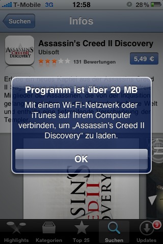 UMTS-Downloadlimit verdoppelt maclife.de kann die Verdopplung des Downloadlimits auf 20 MB bestätigen. Für den Download umfangreicherer Apps ist aber noch immer eine Verbindung zu einem WLAN notwendig.