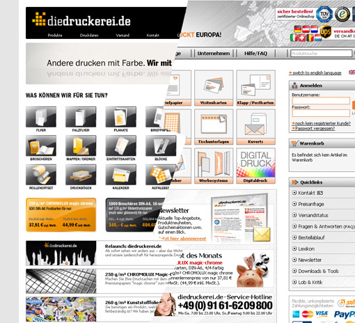 Aus alt (rechts) mach neu (links): Die Neuauflage der Webpräsenz von diedruckerei.de überzeugt mit klareren Strukturen und Formen