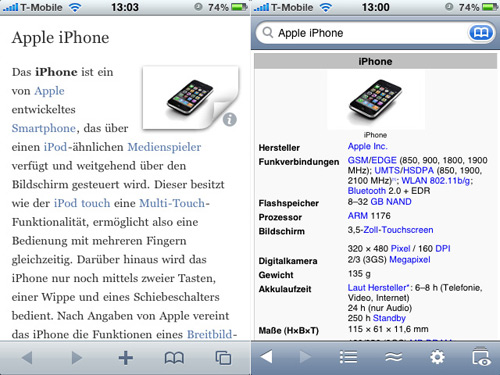 Vergleich anhand eines Beispielartikels: Links Articles, rechts Wikipanion Plus. In Tabellen hinterlegte Zusatzinformationen werden in Articles „versteckt“ und lassen sich über ein Touch auf das „i“-Symbol aufrufen.