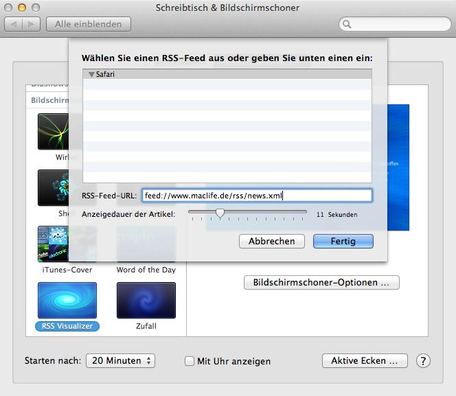 RSS Visualizer Bildschirmschoner wiederherstellen und Twitter-Feed