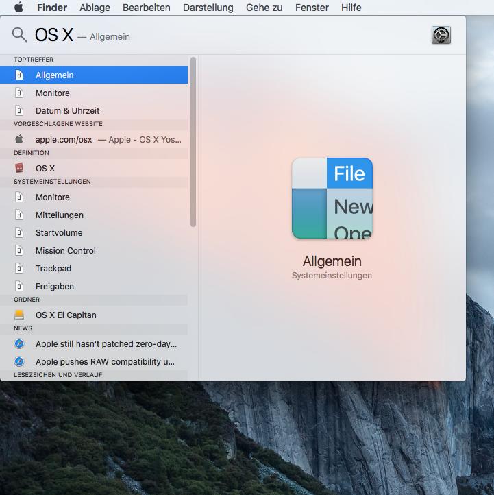 OS X El Capitan SpotlightFenster vergrößern und
