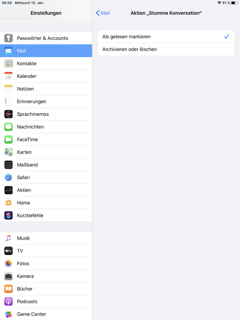 Mail unter iOS: Aktionen für Konversationen und blockierte Absender ...