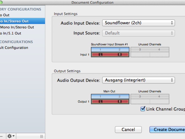 Input configuration. Mono in stereo out. Как настроить Soundflower на Mac. Au Lab Apple.
