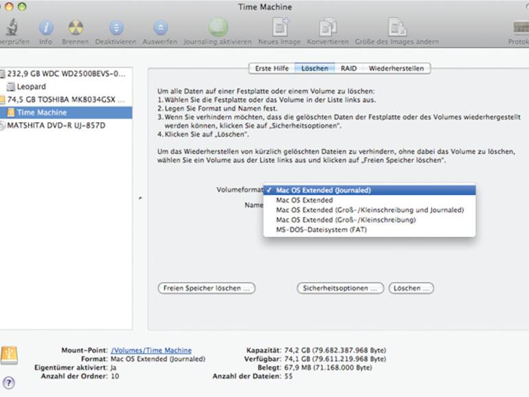 <b>Time Machine</b> benötigt das HFS+-Dateisystem (Mac OS Extended).