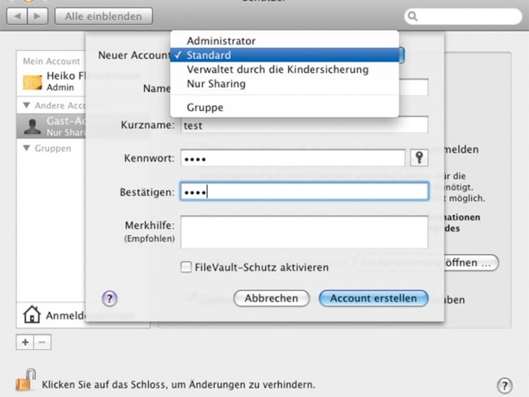 Beim &amp;lt;b&amp;gt;Anlegen eines neuen Benutzerkontos&amp;lt;/b&amp;gt; wählt man dessen Art und damit die Rechte des Kontos aus. Diese Wahl kann später nur noch eingeschränkt beeinflusst werden.