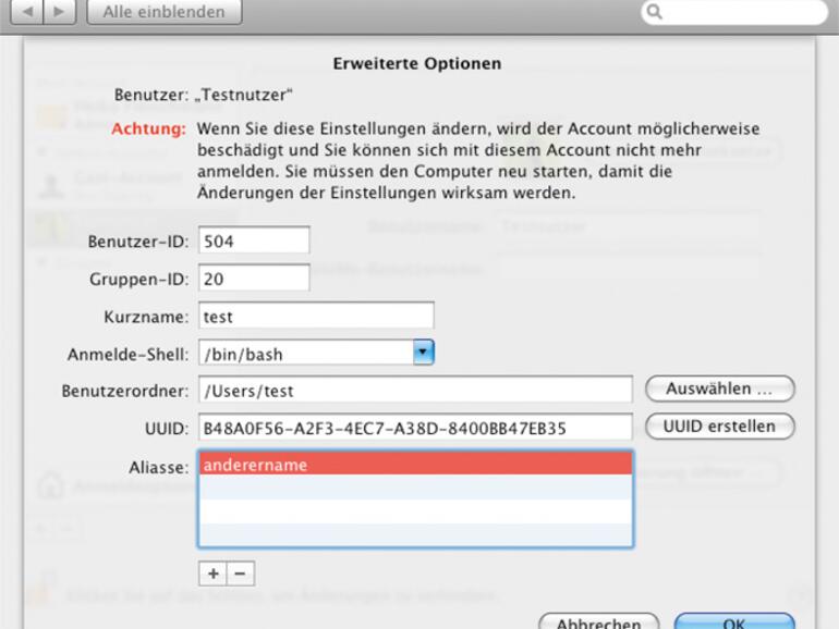 Ein Alias für den &amp;lt;b&amp;gt;Kurznamen legt man unter Erweiterte Optionen…&amp;lt;/b&amp;gt; an. Alle anderen Angaben sollten auf keinen Fall verändert werden.