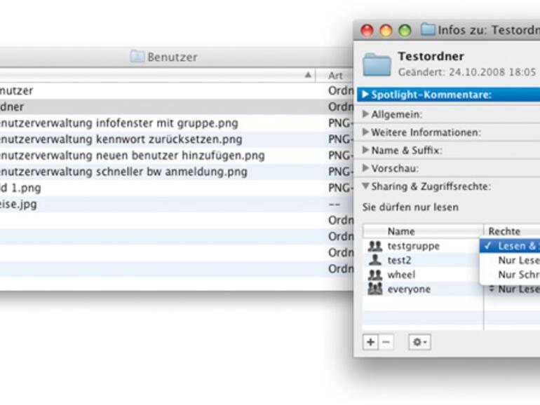 Im Info-Fenster eines Ordners kann ihm &amp;lt;b&amp;gt;eine Benutzergruppe zugeordnet&amp;lt;/b&amp;gt; werden, und auch die Zugriffsrechte für alle Mitglieder der Gruppe werden hier festgelegt.