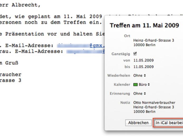 Mit dem Schalter &amp;lt;b&amp;lt;Zu iCal hinzufügen&amp;lt;/b&amp;gt; übernehmen Sie den neuen Termin, mittels der [alt]-Taste blenden Sie den Schalter In iCal bearbeiten ein