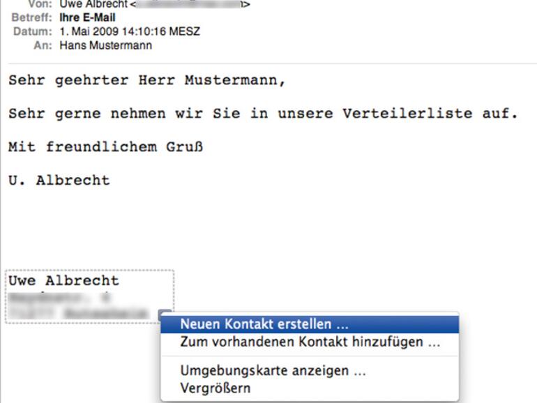 Auch Adressen finden über nur wenige Mausklicke den Weg ins Adressbuch.