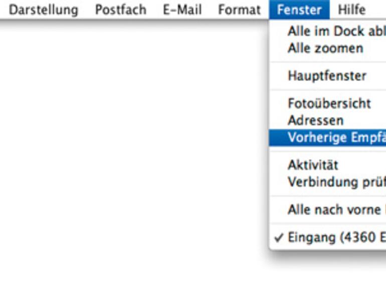 In der Liste Vorherige Empfänger befinden sich alle von Apple Mail protokollierten E-Mail-Adressen der bisherigen Empfänger.