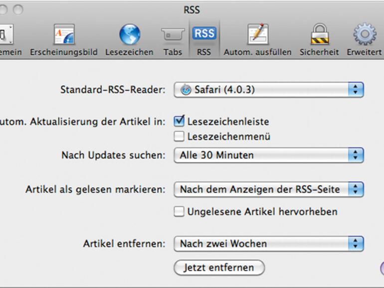 <b>Safari</b> erlaubt grundlegende Einstellungen zum Umgang mit Feeds.