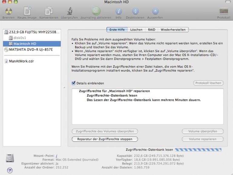 S.M.A.R.T.e Hilfe: Das Festplatten-Dienstprogramm erlaubt die Reparatur von Berechtigungen und Fehlern in der Datenstruktur