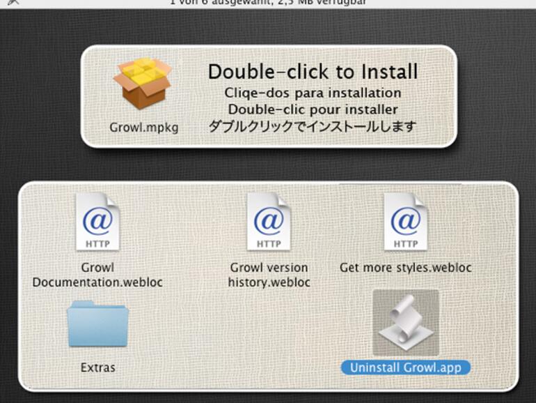 Dem &amp;lt;b&amp;gt;Growl-Paket&amp;lt;/b&amp;gt; liegen im &amp;lt;b&amp;gt;Ordner Extras einige Plug-Ins für Safari, iTunes und Mail&amp;lt;/b&amp;gt; bei. Außerdem wird ein Deinstallations-Skript mitgeliefert, mit dem der Dienst bei Bedarf wieder aus dem System entfernt werden kan
