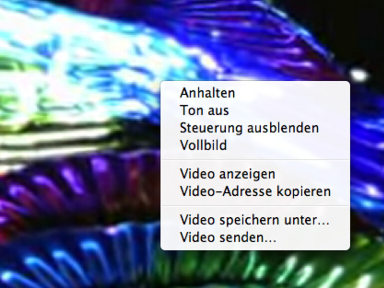 Das Wiedergabemenü für Ogg-Theora-Videos, die mit dem Video-Tag eingebunden sind.