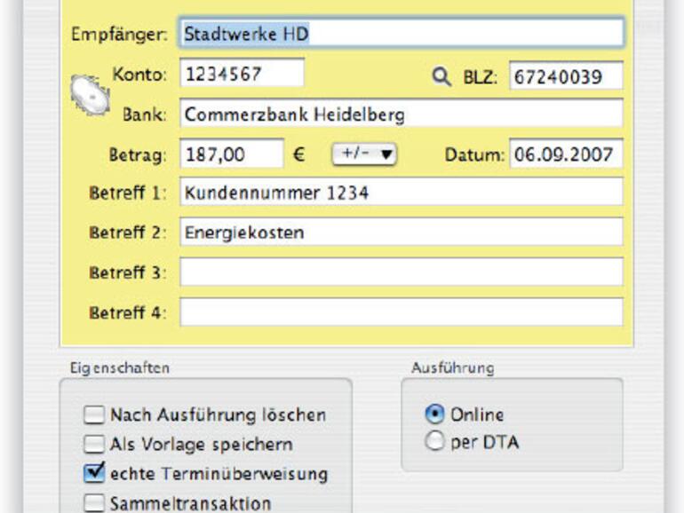 Zentrales Funktionsfenster: Festlegen der Transferaktion, hier Bank X.