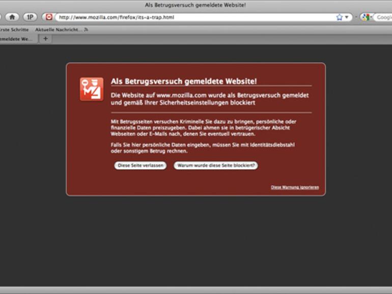 Firefox erkennt eine &lt;b&gt;Seite als Betrugsversuch&lt;/b&gt;, hierbei handelt es sich nur um eine Testseite der Mozilla Foundation.