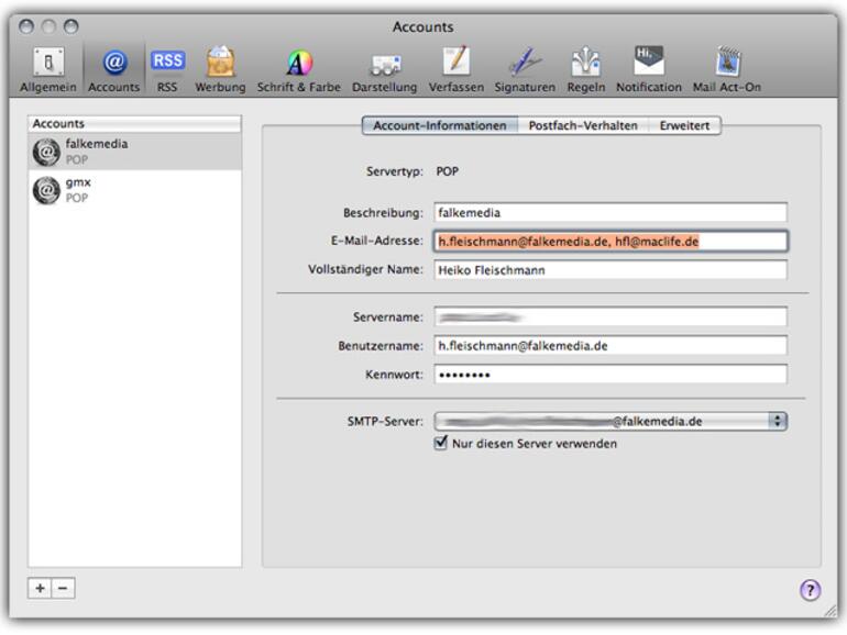 Eine <b>zweite E-Mail-Adresse</b> für einen bestehenden Account schreiben Sie einfach mit Komma getrennt hinter die erste.