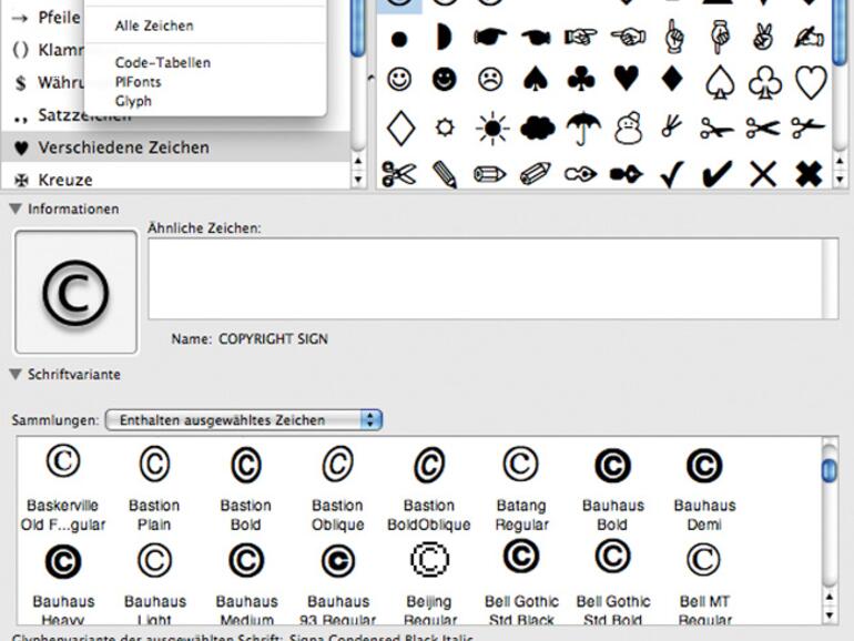 In der &amp;lt;b&amp;gt;Zeichenpalette&amp;lt;/b&amp;gt; findet sich – nach Kategorien sortiert – eine Vielzahl von Sonderzeichen.