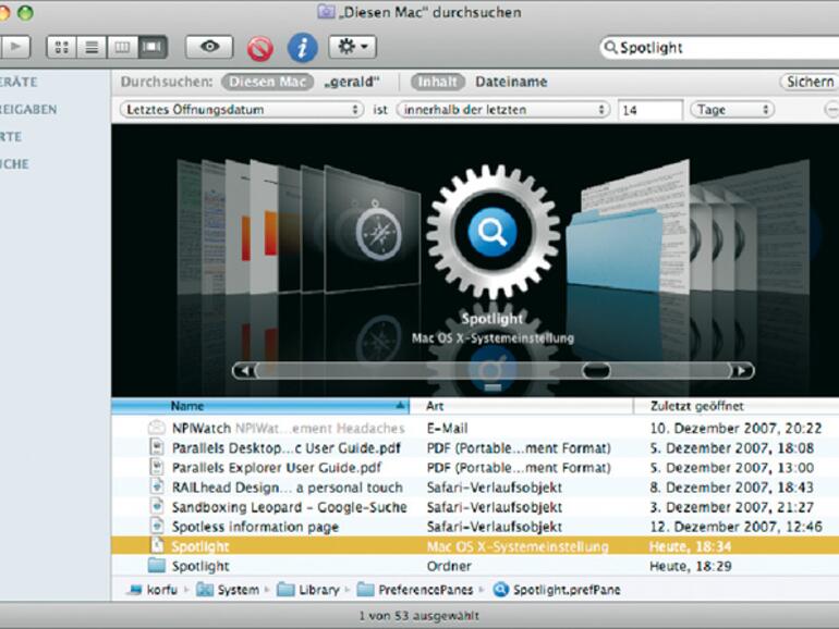 Unter &amp;lt;b&amp;gt;Mac OS X 10.5 „Leopard“&amp;lt;/b&amp;gt; können Sie das Suchergebnis mittels Cover Flow durchblättern.