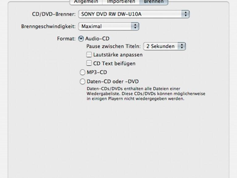 In den &amp;lt;b&amp;gt;iTunes-Einstellungen&amp;lt;/b&amp;gt; lässt sich konfigurieren, ob eine Audio-, MP3- oder Daten-CD gebrannt werden soll.
