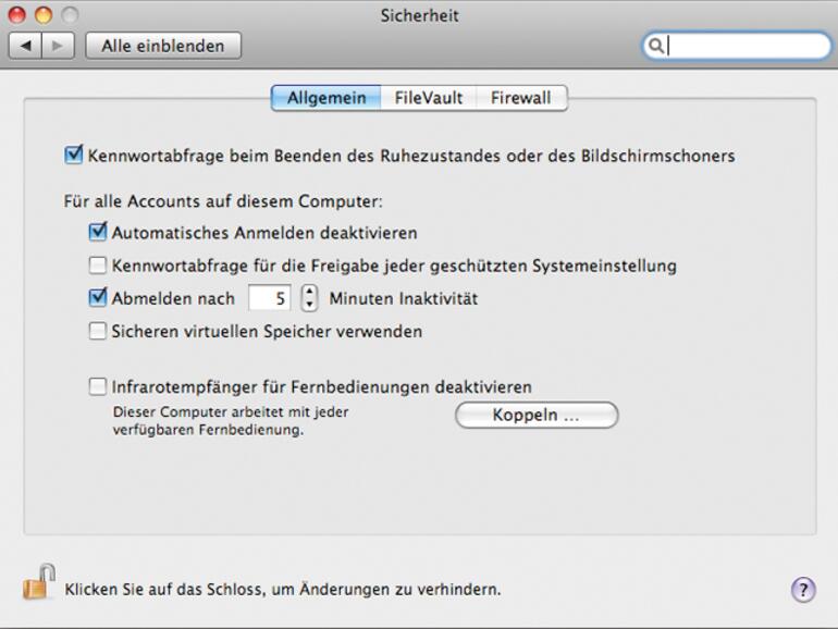 Sie können festlegen, dass der Mac &lt;b&gt;nach Ihrem  Passwort fragt&lt;/b&gt;, wenn er aus dem Ruhezustand  erwacht oder der Bildschirmschoner  beendet wird.