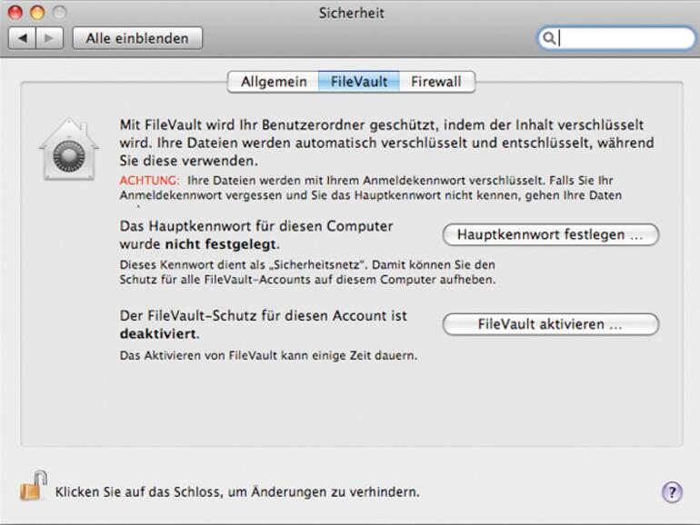Den „Datentresor“ &lt;b&gt;FileVault&lt;/b&gt; finden Sie in den  Systemeinstellungen.