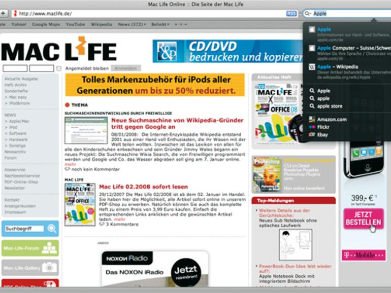 Mittels <b>Inquisitor</b> lässt sich das Suchfenster in Safari erweitern.