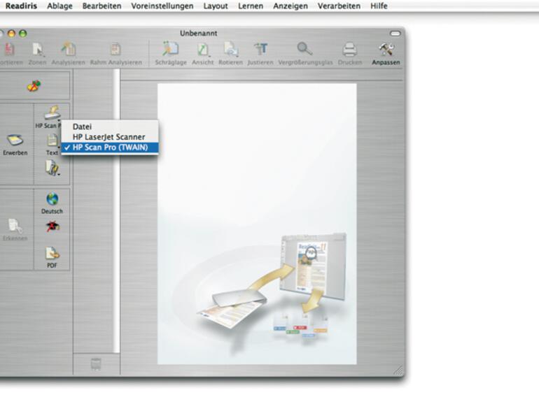 Abb. 1: Über das entsprechende Symbol in der zweiten Symbolspalte von Readiris Pro wählen Sie den Scanner aus.