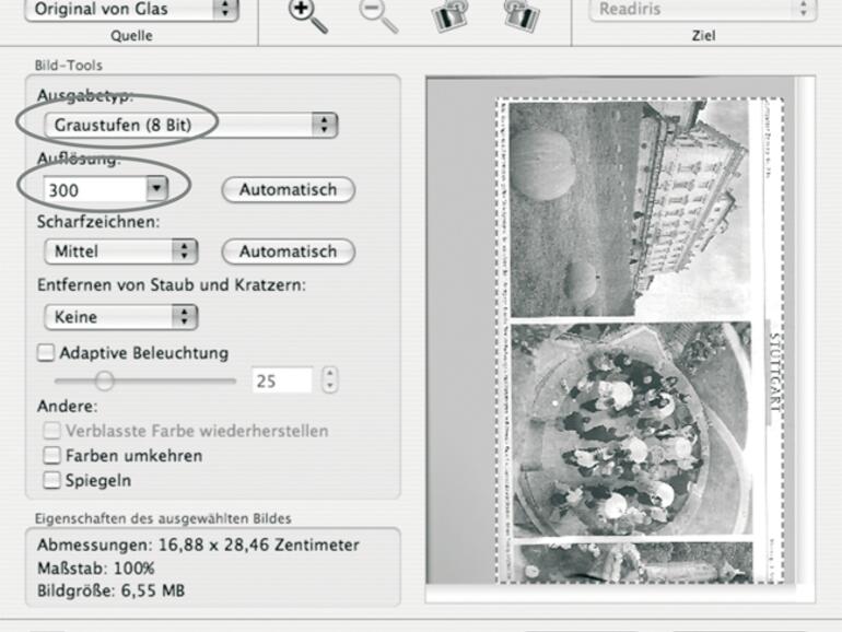 Abb. 2: Nicht in &lt;b&gt;Readiris, in Ihrem Scan-Programm&lt;/b&gt; – hier HP Scan Pro – legen Sie Scan-Einstellungen fest.