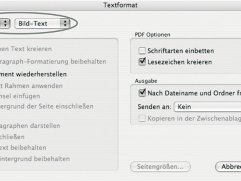 Abb. 3: Im Fenster Textformat stellen Sie PDF sowie die &lt;b&gt;Option Bild-Text&lt;/b&gt; als Dateiformat für den Scan ein.