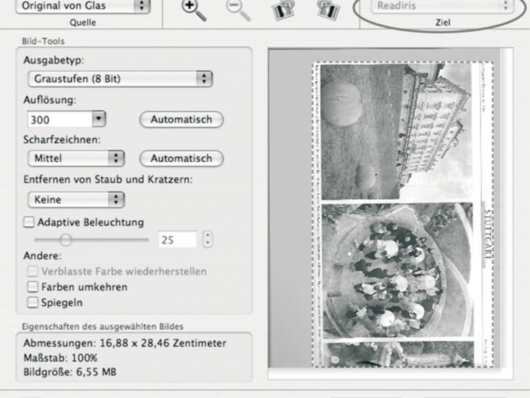 Abb. 4: Im Scanprogramm muss &lt;b&gt;Readiris als Ziel eingestellt&lt;/b&gt; sein.