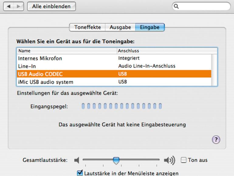 Hier wird als Gerät für die Toneingabe <b>USB Audio Codec</b> gewählt, da ein USB-Plattenspieler angeschlossen ist.
