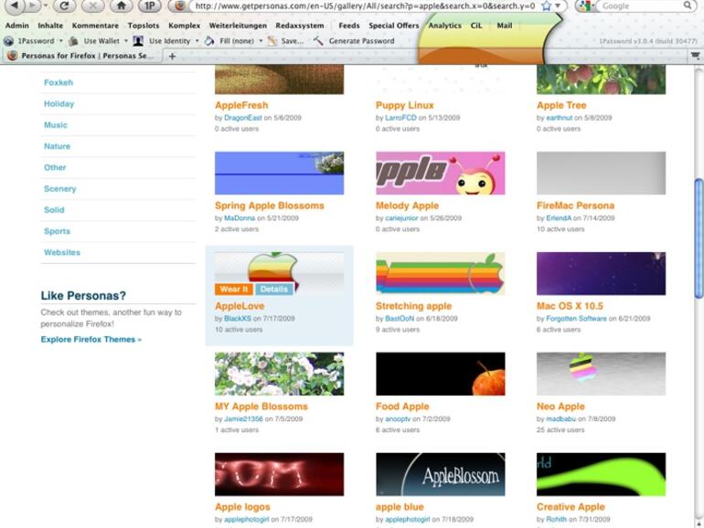 &lt;b&gt;Firefox 3.6:&lt;/b&gt; Über Skins, im Firefox-Jargon „Personas“ genannt, lässt sich das Erscheinungsbild des Browsers ändern. Natürlich lassen sich auch einige Skins mit Mac-Bezug im kostenlosen Angebot aufstöbern