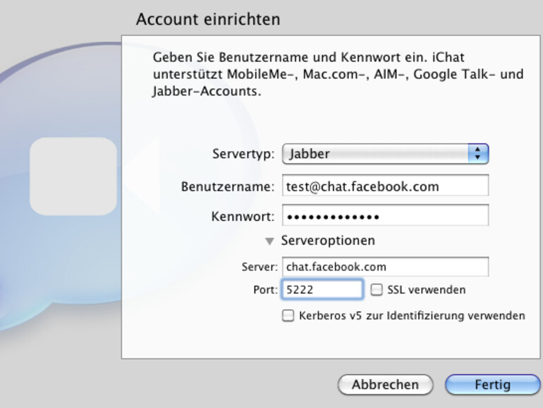 &amp;lt;b&amp;gt;Facebook Chat in iChat einbinden&amp;lt;/b&amp;gt; iChat-Einstellungen für Facebook-Integration