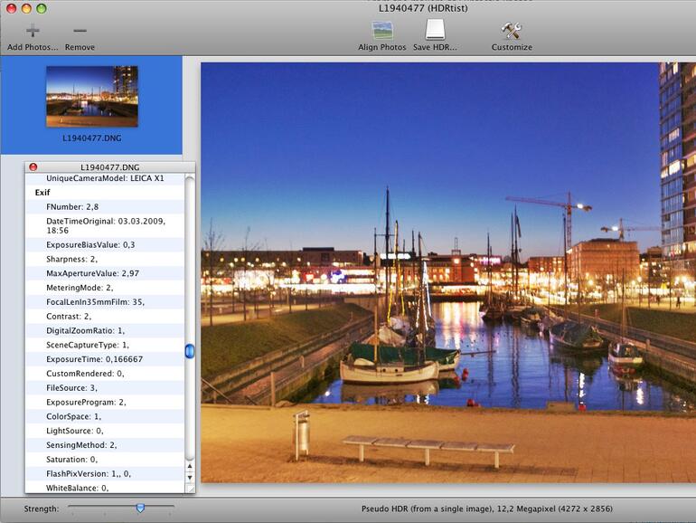 Auf Wunsch lassen sich die Exif-Daten einblenden. Auch Pseudo-HDRs lassen