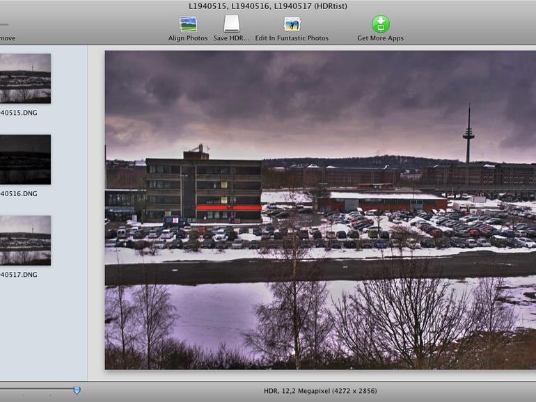 HDRtrist verarbeitet auch RAW-Formate. Mit dem Open-Source-Plug-in Huges lassen sich die Einzelbilder auch automatisch aufeinander ausrichten. Geisterbilder durch sich bewegende Objekte werden allerdings nicht herausgerechnet.