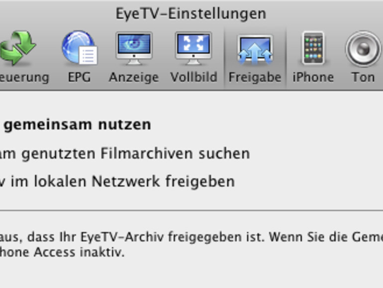 Im Reiter &lt;b&gt;Freigabe&lt;/b&gt; müssen sie die zweite Option deaktivieren, um den Konflikt zwischen EyeTV und MediaLink zu beheben