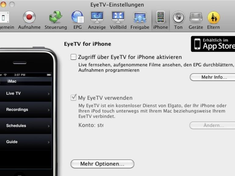 Zusätzlich müssen Sie im Reiter &lt;b&gt;iPhone&lt;/b&gt; den Zugriff auf die EyeTV-Software über die iPhone-App deaktivieren
