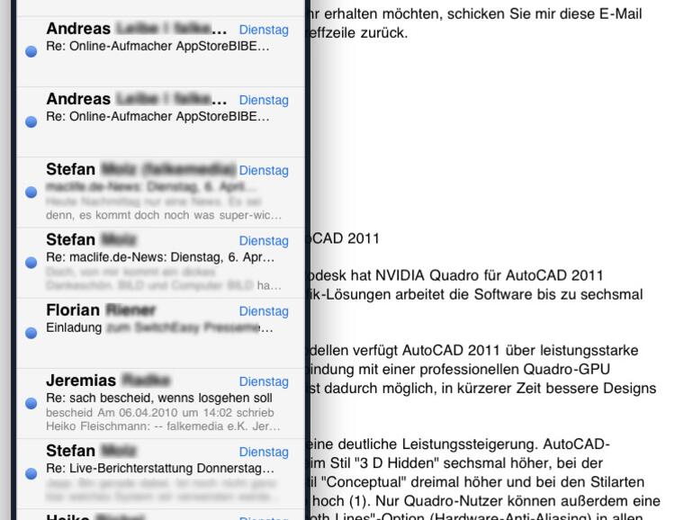 &lt;b&gt;Im Hochformat zeigt Mail das Postfach als Schwebefenster an&lt;/b&gt;