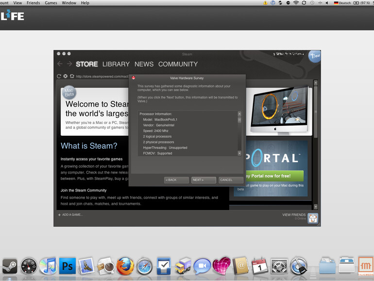 &lt;b&gt;Nach dem Einloggen kann man an einer Umfrage zur Hardware-Ausstattung teilnehmen und sich durch die verschiedenen Reiter der Steam-Anwendung klicken. Die UI liegt bereits in neuer Aufmachung vor und entspricht optisch und funktional der Windows-V
