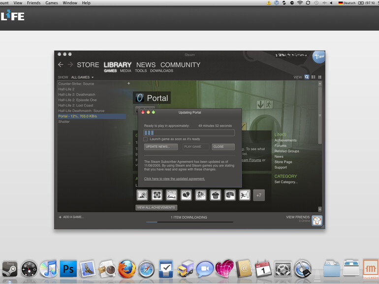 &lt;b&gt;An Spieleinhalten bietet die Beta derzeit nur die Mac-Version von Portal. Diese muss von den Steam-Servern heruntergeladen werden, bei einer schnellen DSL-Verbindung benötigt dieser Vorgang etwa eine Stunde. In der Library werden alle mit dem ve