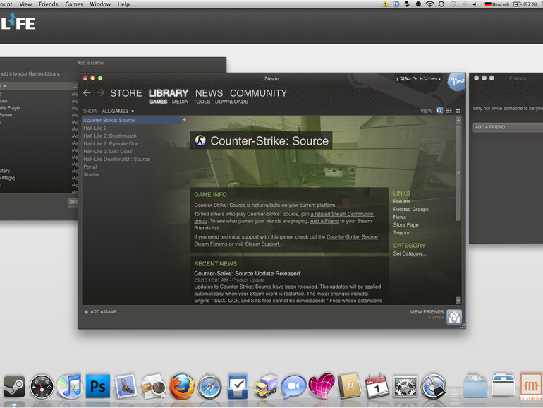 &lt;b&gt;&quot;Fensterln deluxe&quot;: Die Freundesliste lässt sich in einem separaten Fenster darstellen. Wer mag, kann übrigens auch andere Mac-Spiele der Steam-UI hinzufügen (Fenster links oben). Steam wird somit auf Wunsch zur zentralen Anlaufstell