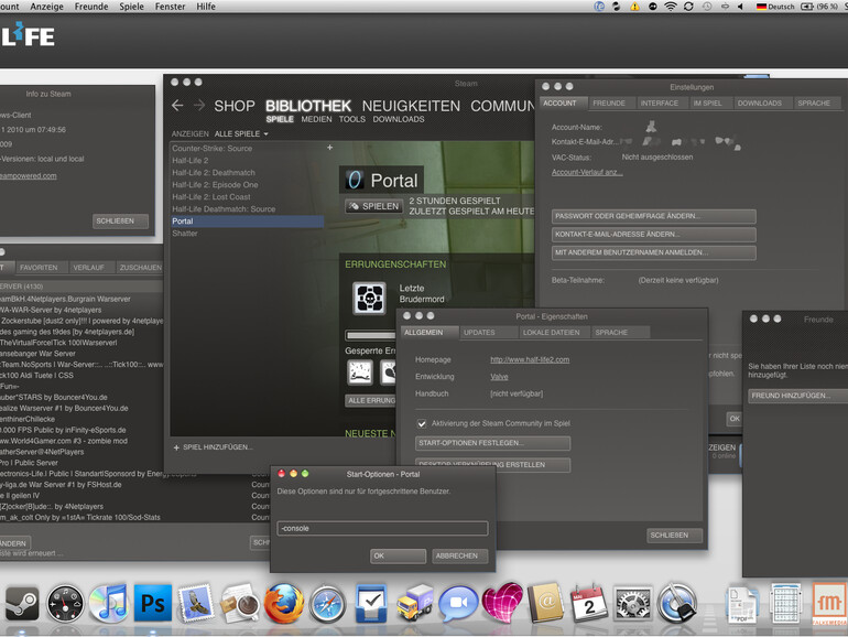 &lt;b&gt;Und noch mehr Fenster. Detail am Rande: Obwohl es sich um die Mac-Betaversion handelt, gibt sich Steam in der About-Box als Windows-Client aus.&lt;/b&gt;
