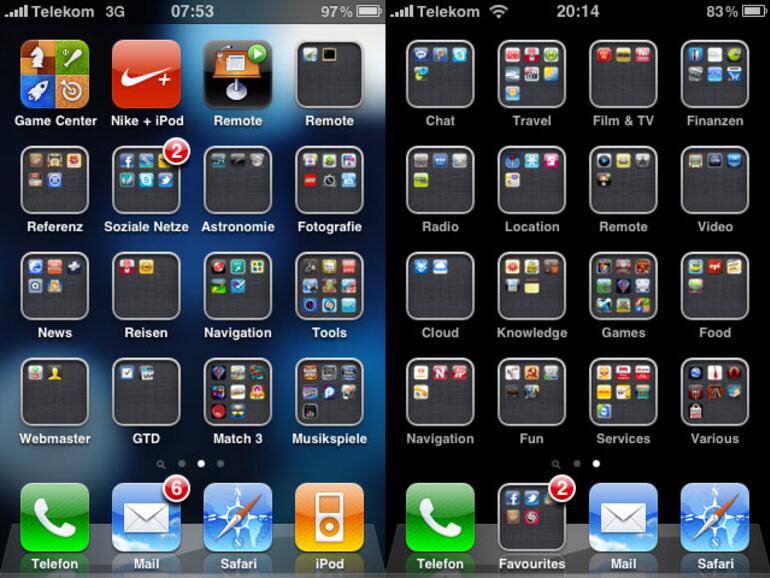 &lt;b&gt;Ordner für iPhone 3G und 3GS: &lt;/b&gt;Während beide iPhone-Generationen über Ordner verfügen, bleibt dem 3G das Hintergrundbild im Homescreen vorenthalten