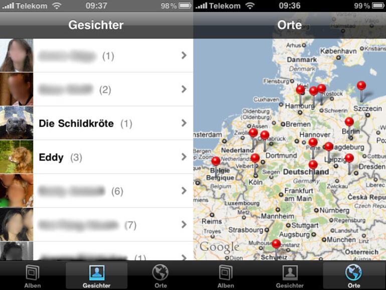 &lt;b&gt; Orter &amp; Gesichter für Bilder: &lt;/b&gt; Während Orte dank GPS-Sensor gefunden werden, müssen Gesichter mit iPhoto synchronisiert werden