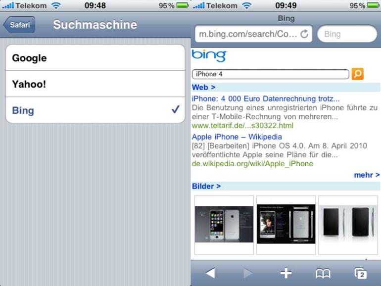 &lt;b&gt;Bing als Suchmaschine: &lt;/b&gt; Google ist zwar immer noch voreingestellt, wahlweise kann aber auch auf Bing oder Yahoo! gewechselt werden