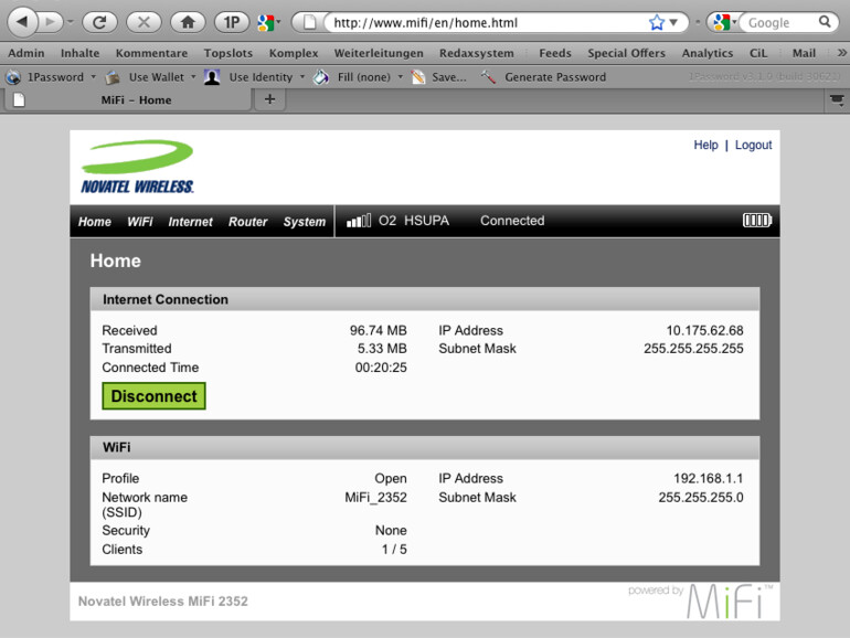 &lt;b&gt;MiFi 2352: Die Webadmin-Oberfläche: Alle wichtigen Informationen lassen sich nach Verbindung zu 192.168.1. einsehen, die Konfiguration verändern&lt;/b&gt;