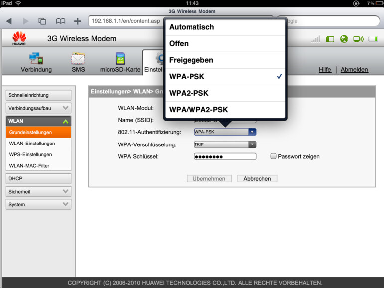 &amp;lt;b&amp;gt;Die Webadmin-Oberfläche lässt sich auch am iPhone und iPad öffnen. Aufgeräumt und auch deutschsprachig: Die Admin-Oberfläche des Huawei E5&amp;lt;/b&amp;gt;