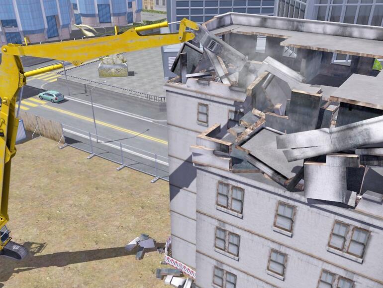 Mit dem Bagger „knabbert“ man Gebäude von oben nach unten ab