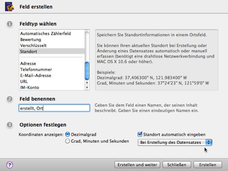 Praktisch ist das Feld „Standort“, das sich auch automatisch ausfüllen lässt